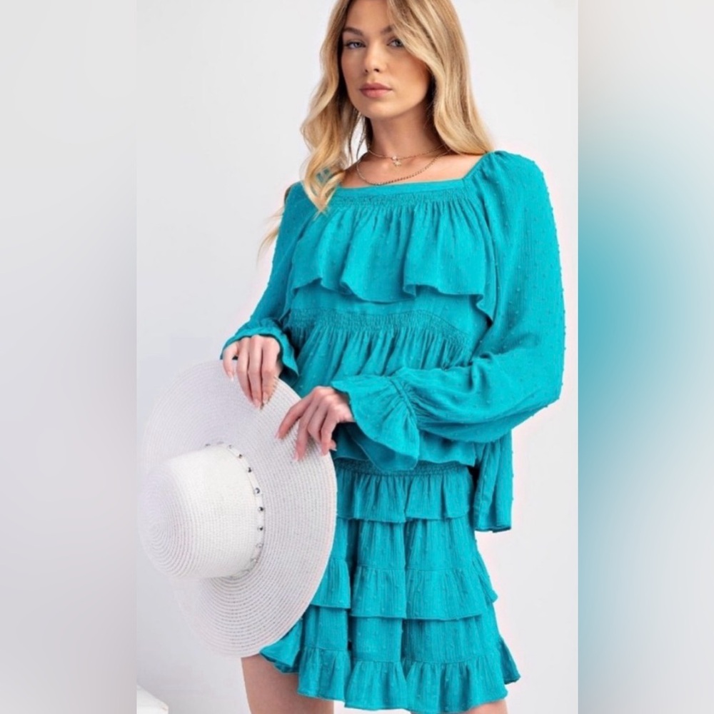 #993 Easel Teal Ruffled Boho Blouse